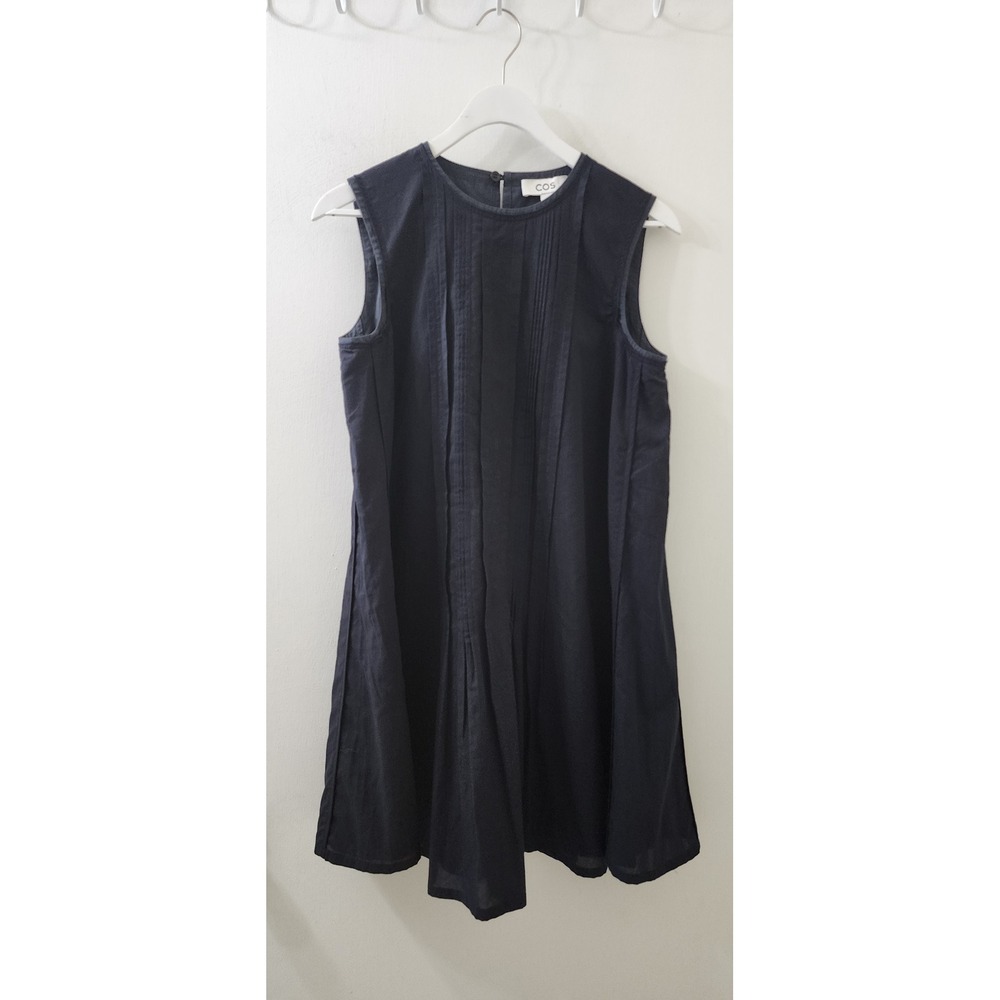 COS Navy Blue Pintuck Pleated Sleeveless Shift Mini Dress EUR 36 US 4-6